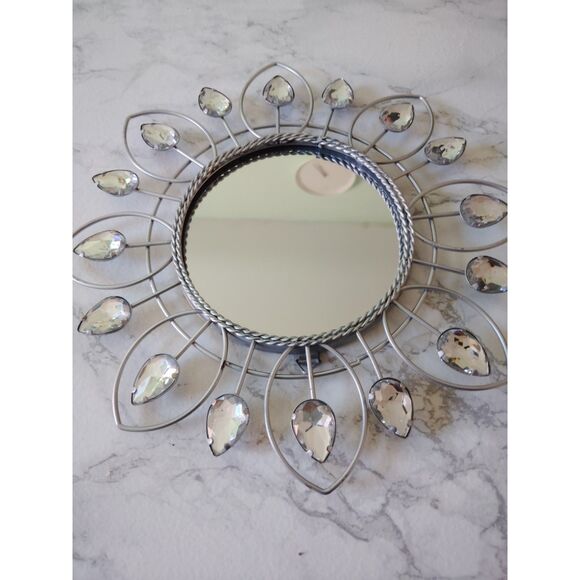 Round Wall Accent Decorative Mirror Silver Metal Flower Rhinestone 9.5" - Picture 11 of 13